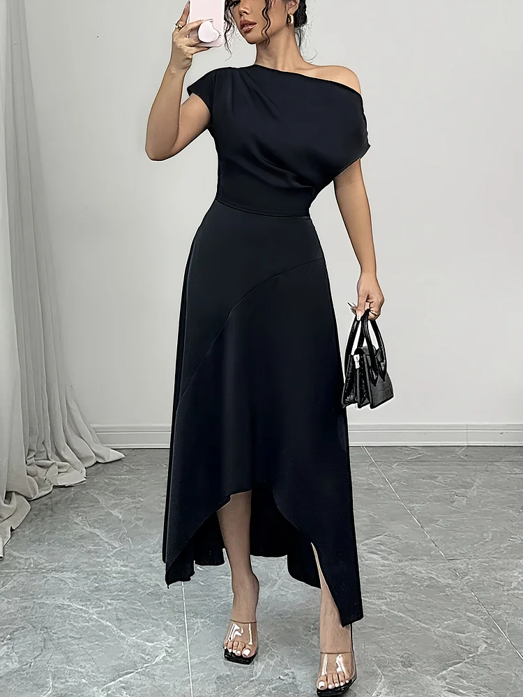 Yy0309283 Premium One-Shoulder Dress For Women – Eye-Catching Irregular Hemline In Black