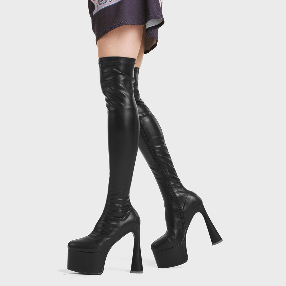 Black Heart-Shaped Heel Zipper Round Toe Platform Thigh High Boots Nicepairs