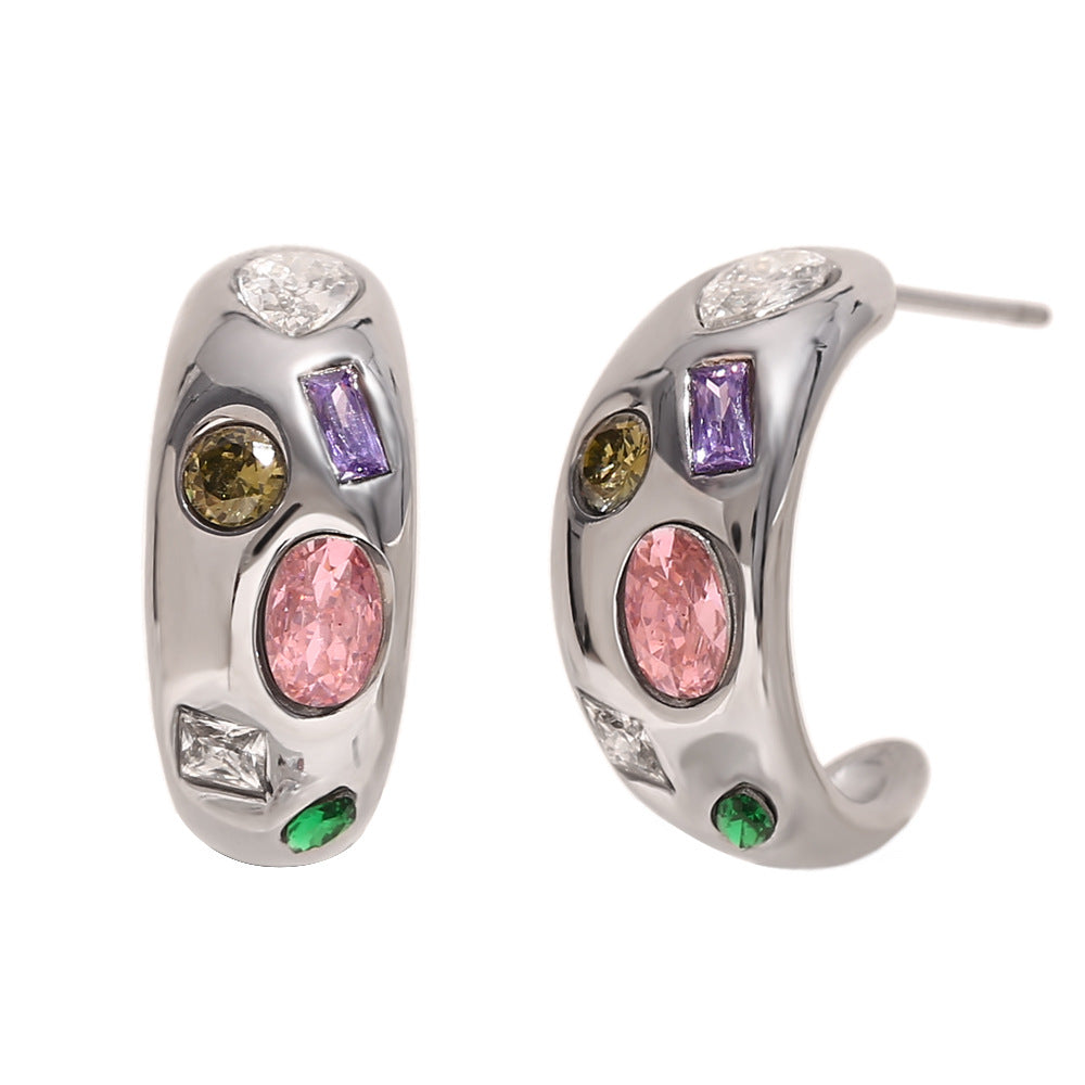 Ins Personality Micro-Inlaid Earrings Stainless Steel Plated 18K Gold Geometric Colored Zircon Moon Earrings