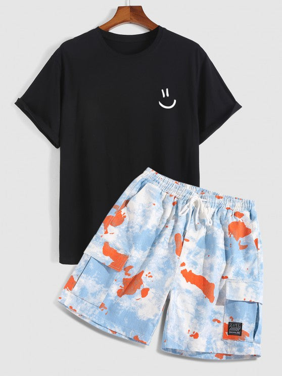Cartoon Print T-shirt And Tie Dye Shorts Two Piece Set