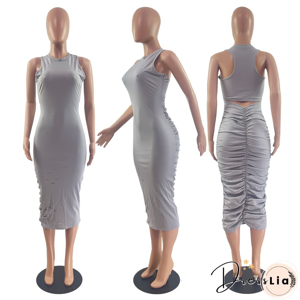 Solid Color Sleeveless Holes Draw Pleated Dresses