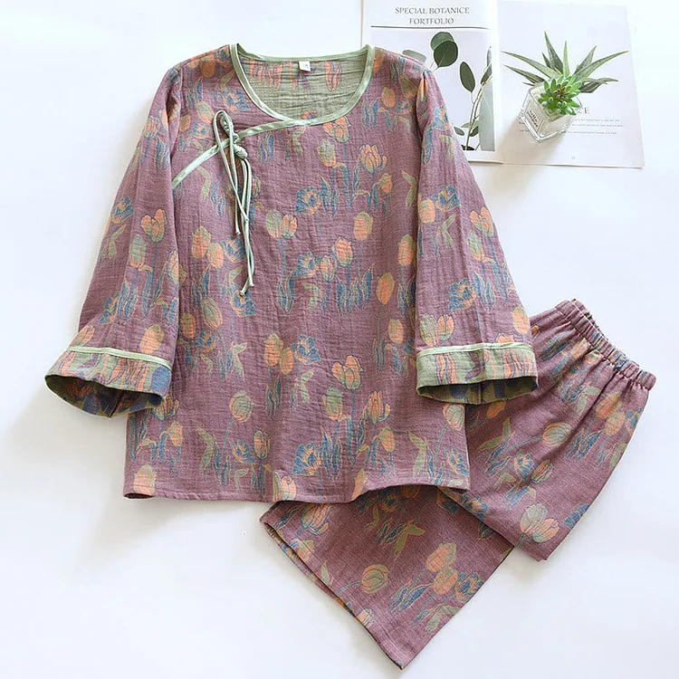 Round Neck Cotton Gauze Tulip Pajama Set Radinnoo.com