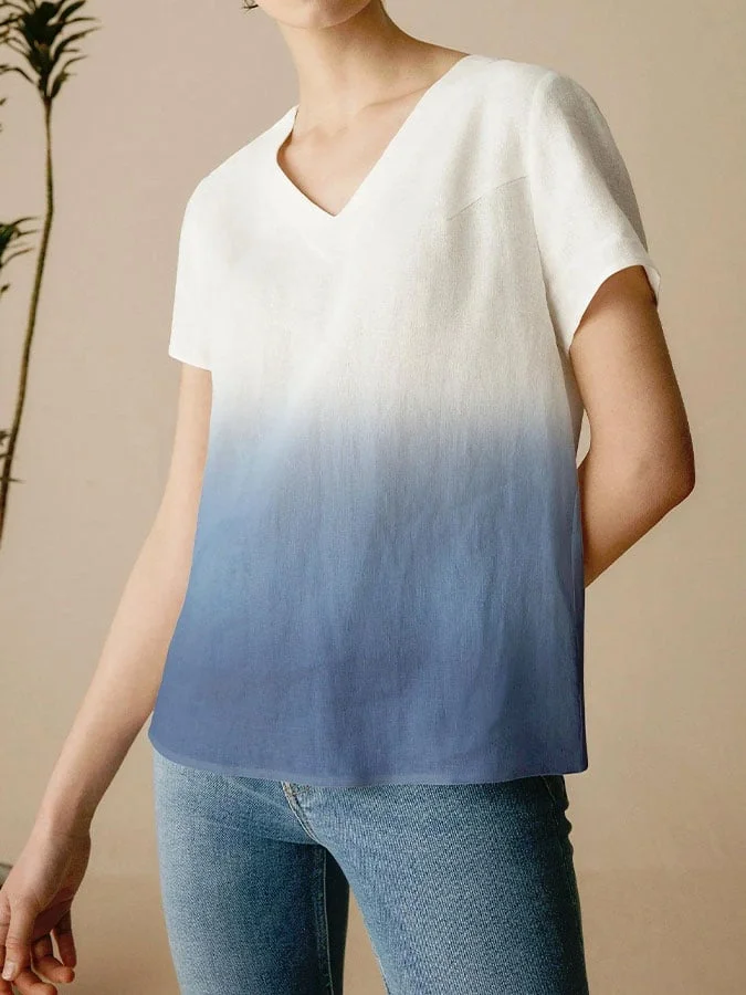 Women's Ombre Casual V Neck Top