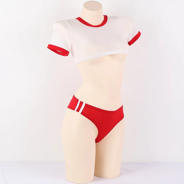 Sexy Lingerie Set Hot Japanese Style Anime Cosplay Costume Open Crotch Schoolgirl Uniform Cheer Leader Roleplay Pink Red Blue