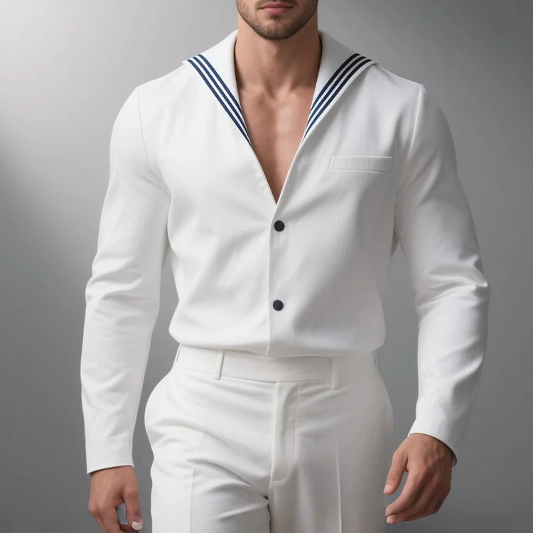 Okaywear Sailor Collar Striped Long Sleeve Padded Shoulder Shirt Okaywear