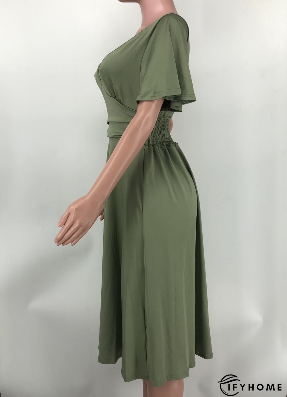 Fashion Solid Color V-neck Short-sleeved Waist Pleated Dress | IFYHOME