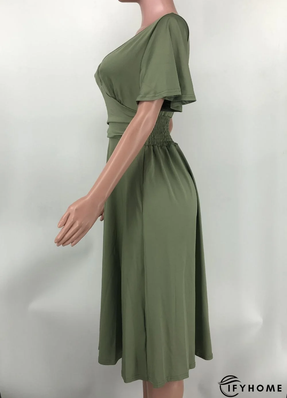 Fashion Solid Color V-neck Short-sleeved Waist Pleated Dress | IFYHOME