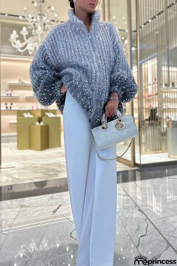 Warm Shining Heart Knit Sequin Balloon Sleeve Zipper Neck Loose Cardigan