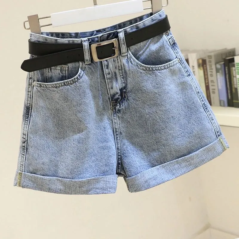 Ailegogo Streetwear High Waist Women Blue Denim Shorts With Belt Summer Casual Female Wide Leg  Size 2xl Jeans Shorts