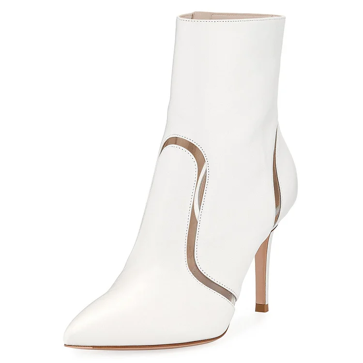 White Booties Pointed Toe Stiletto Heel Transparent Ankle Boots |FSJ Shoes