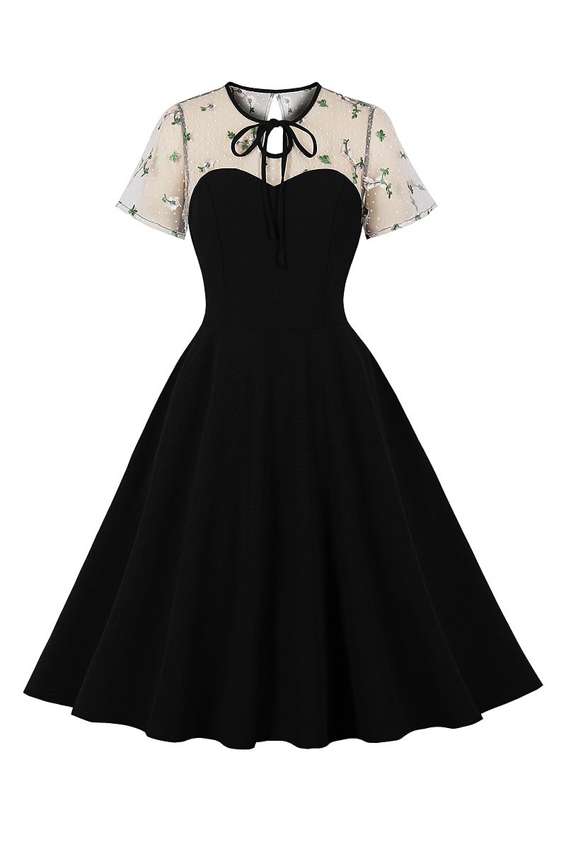 1950s White Elegant Retro Mesh Polka Dot Patchwork A-Line Maxi Dress