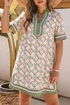 Women's Vintage Boho Geometric Flower Print Short Sleeve Loose Mini Dress