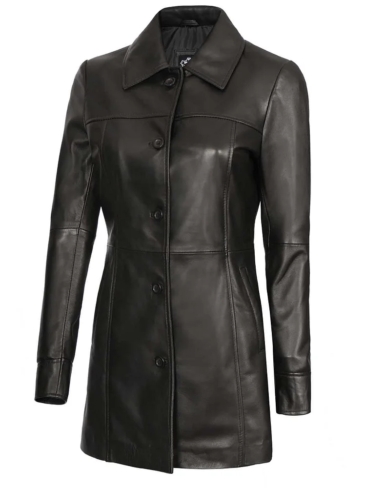 Kandis Womens Black 3 4 Length Leather Car Coat QueenFunky