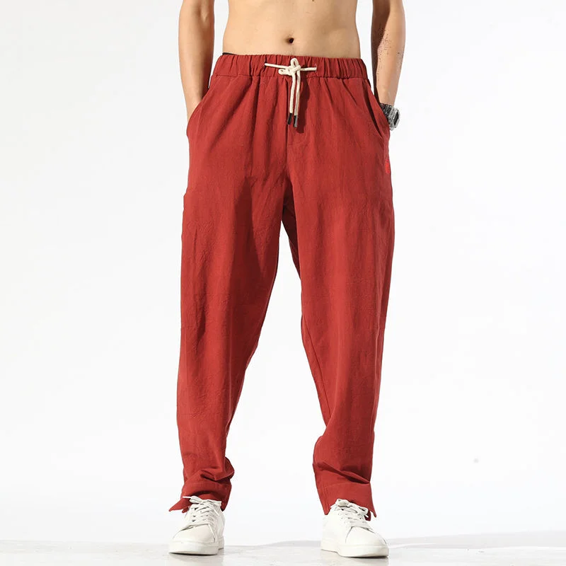 Men's Cotton And Linen Casual Solid Color Straight Trousers