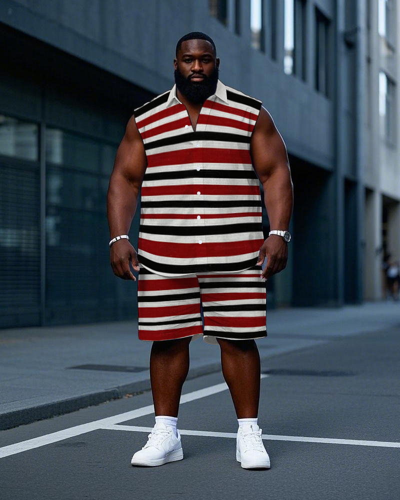 Big Men's Casual Fashion Red and Black Stripes Printed Sleeveless Shirt and Shorts Set
