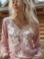 Bohemian Retro Plant And Flower Pattern Casual Cotton And Linen Long-sleeve Top