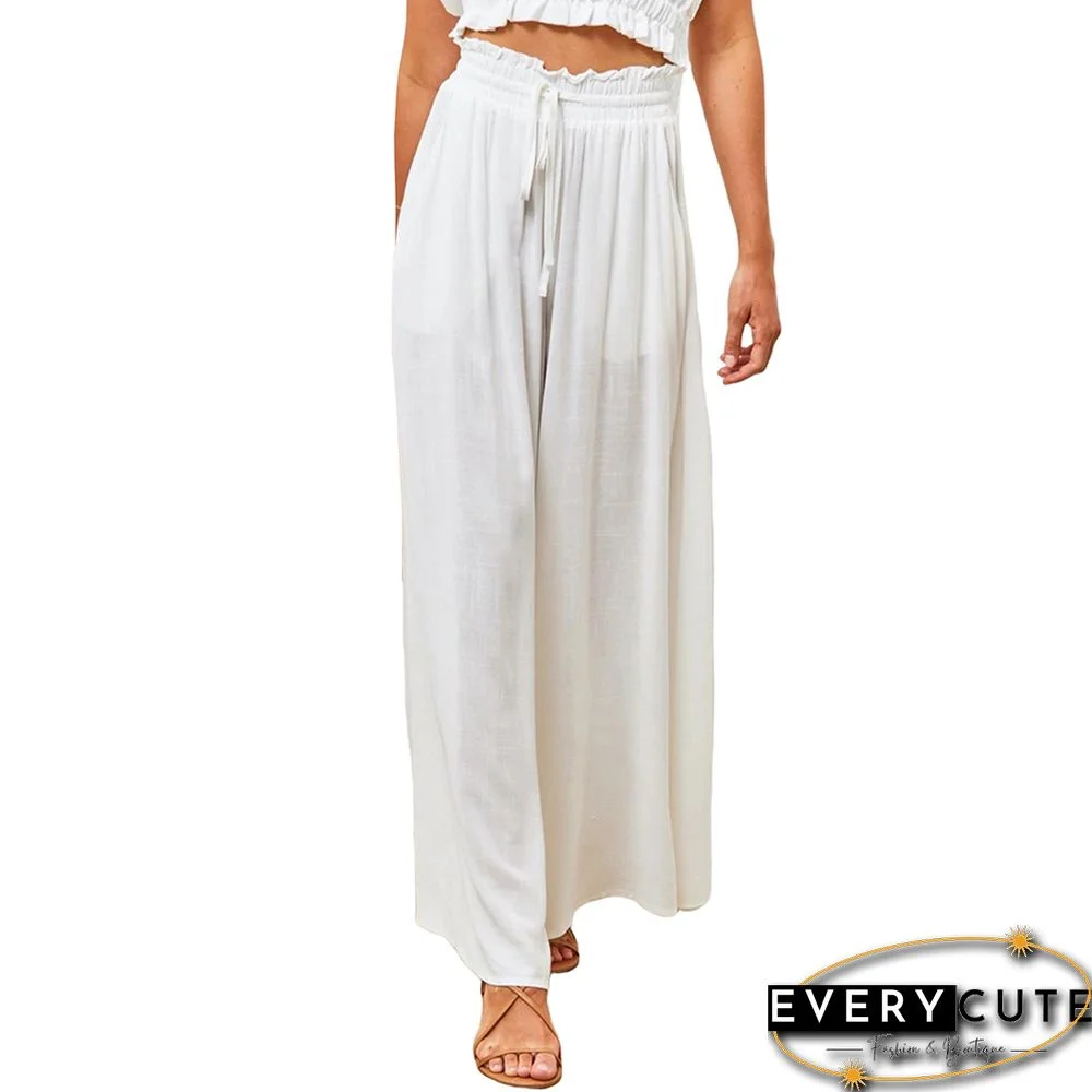 White High Waist Elastic Waistband Long Culottes