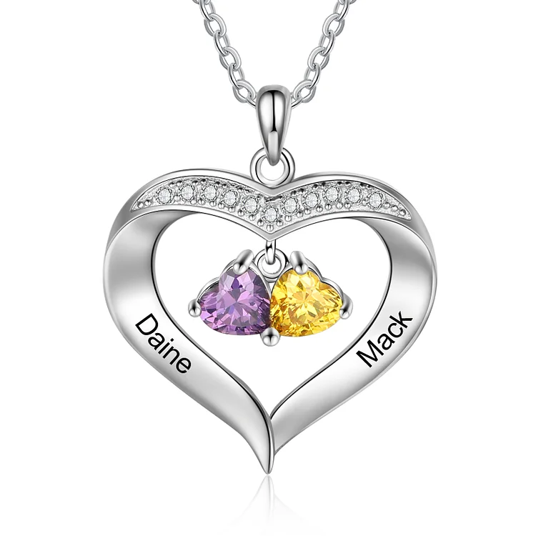Personalized Heart Pendant Necklace with 2 Birthstones Custom 2 Names Family Necklace