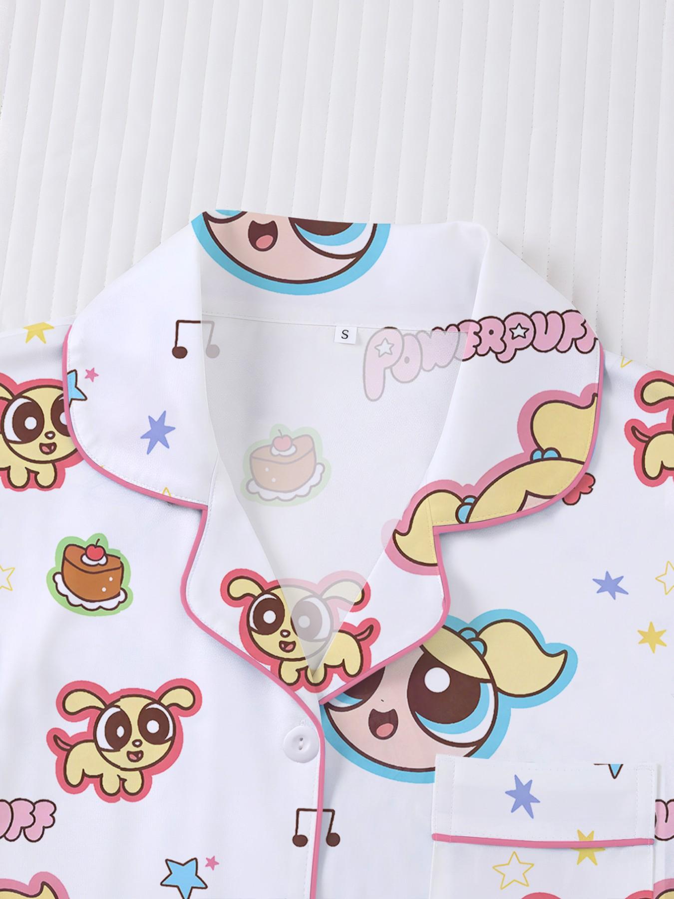 Flying Girl Print Women's Pajama Set, Short Sleeve Button-Up Soft Top and Loose Elastic Shorts, Casual Home Wear Loungewear for Daily Use Nightwear Pjs
