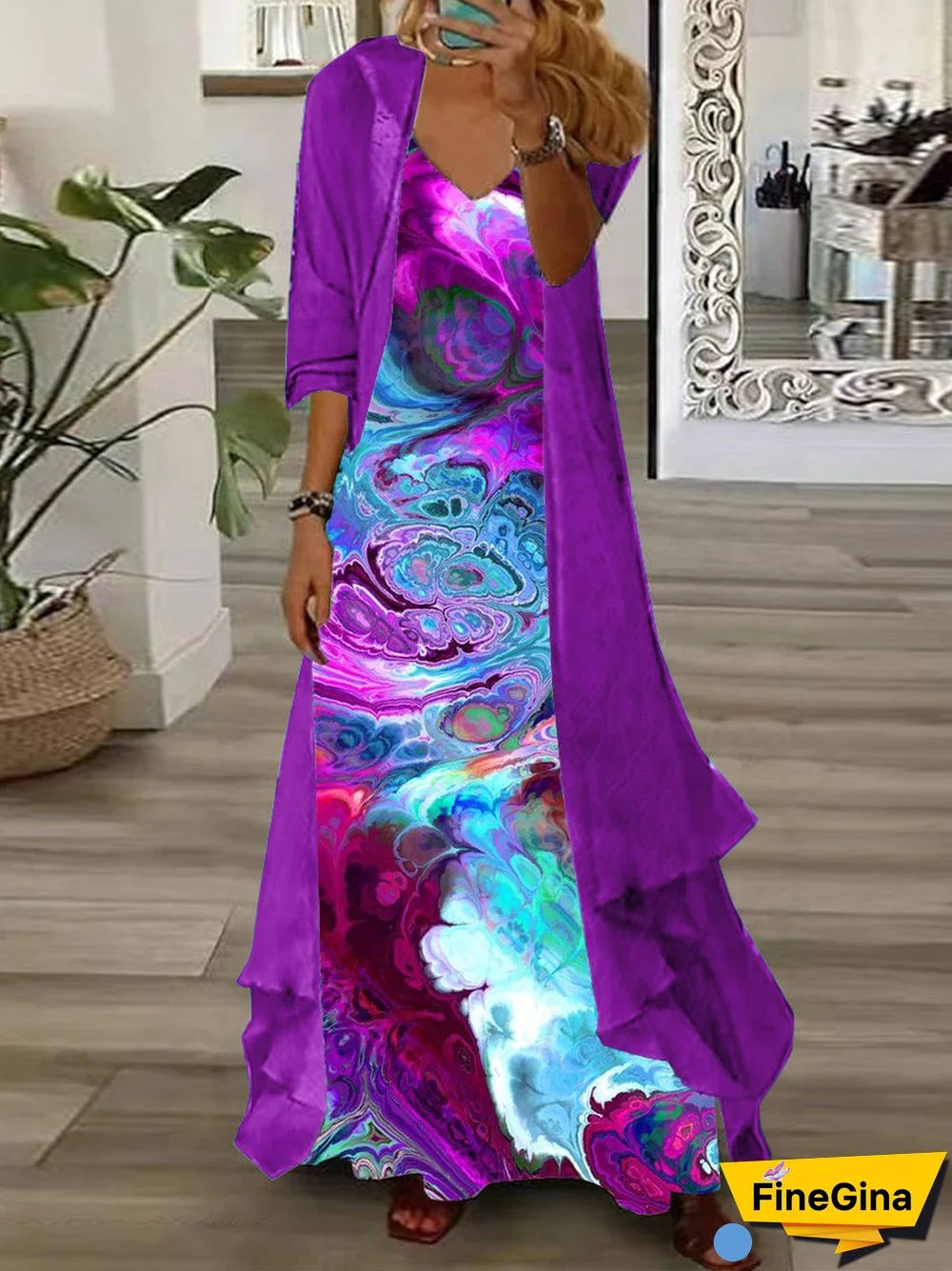 Women's Long Sleeve V-neck Colorblock Graphic Printed Two Pieces Maxi Dress