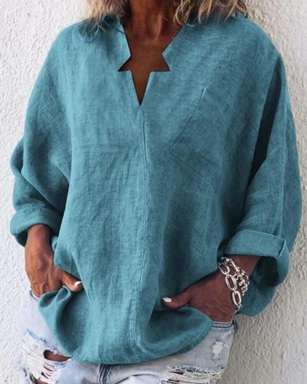 Casual Long Sleeve Cotton-Blend Plain Blouses