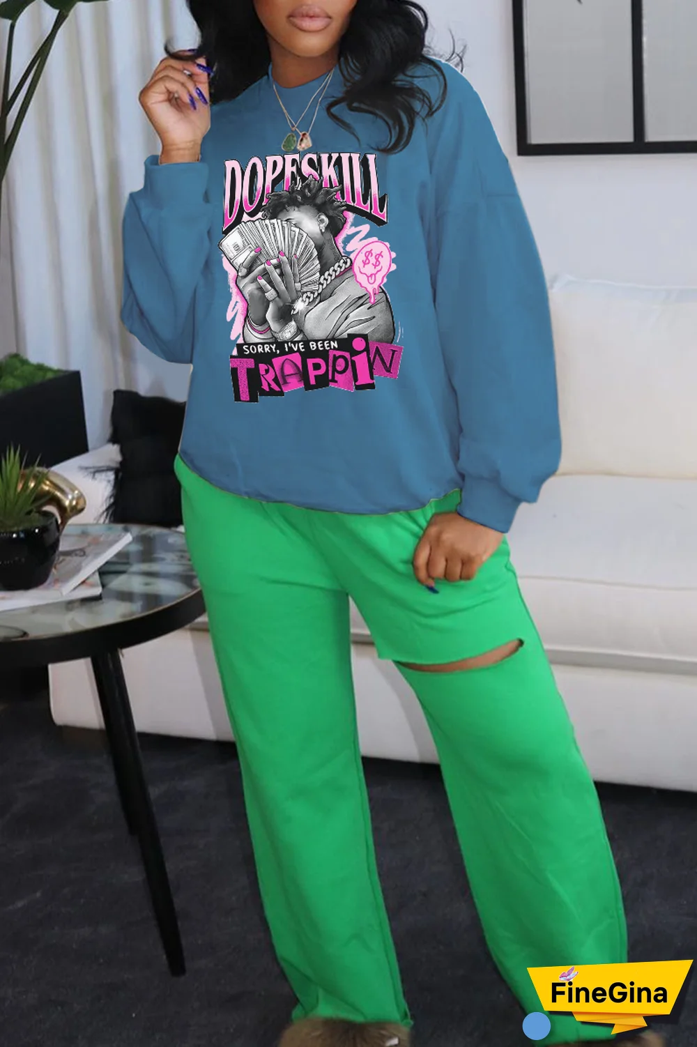 Blue Casual Daily Print Patchwork O Neck Tops