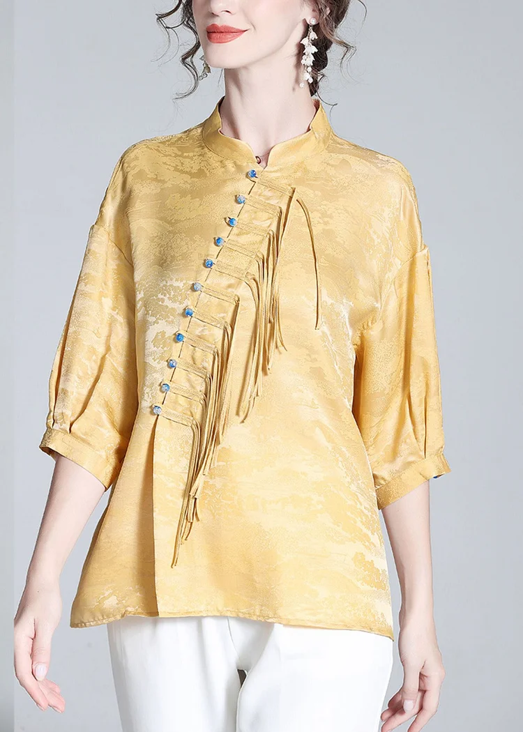 Jacquard Yellow Stand Collar Button Silk Shirts Spring