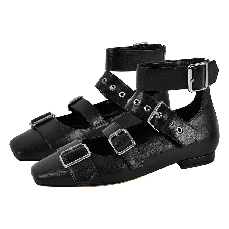 Statement Buckle Strap Square Toe Flats