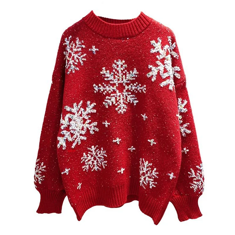 Christmas Snowflake Jacquard Round Neck Sweater - yankia