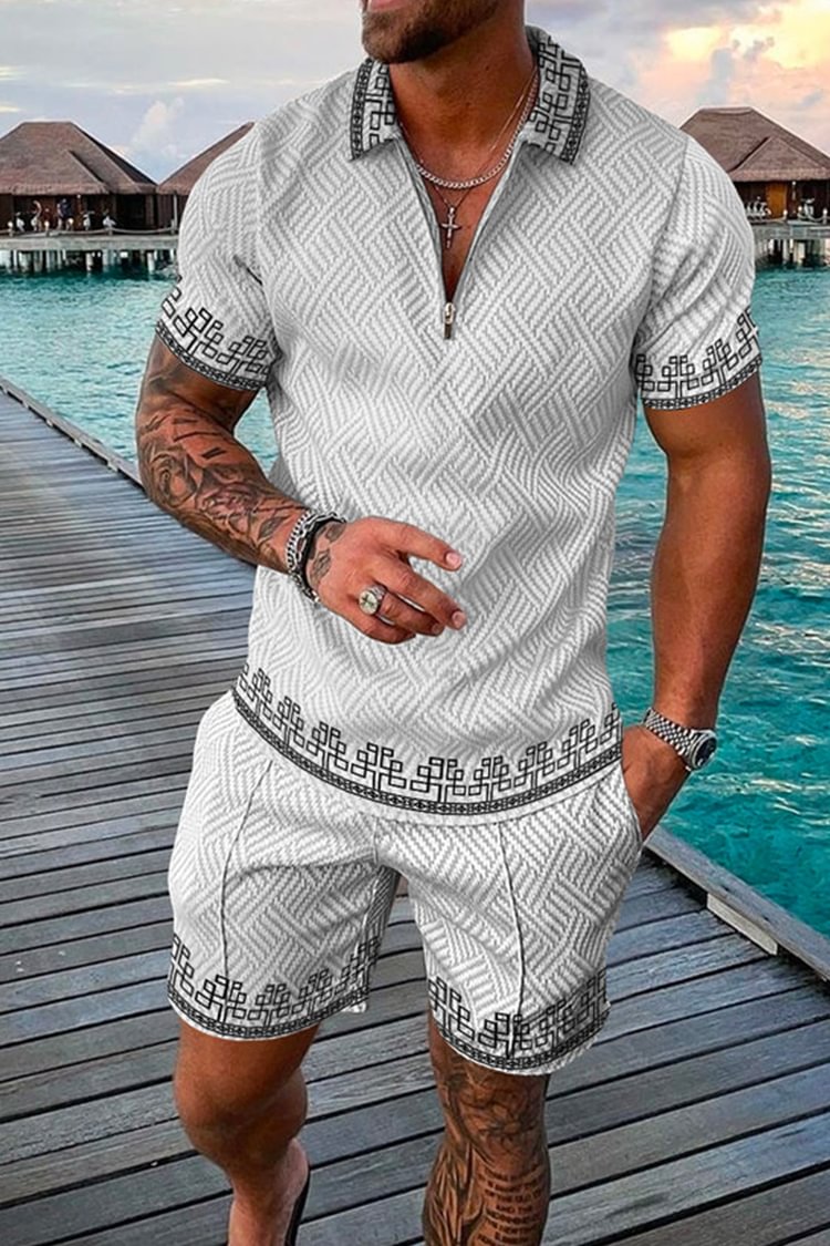 Tiboyz Men's Outfits Positioning Flower Short Sleeve Polo And Shorts Set