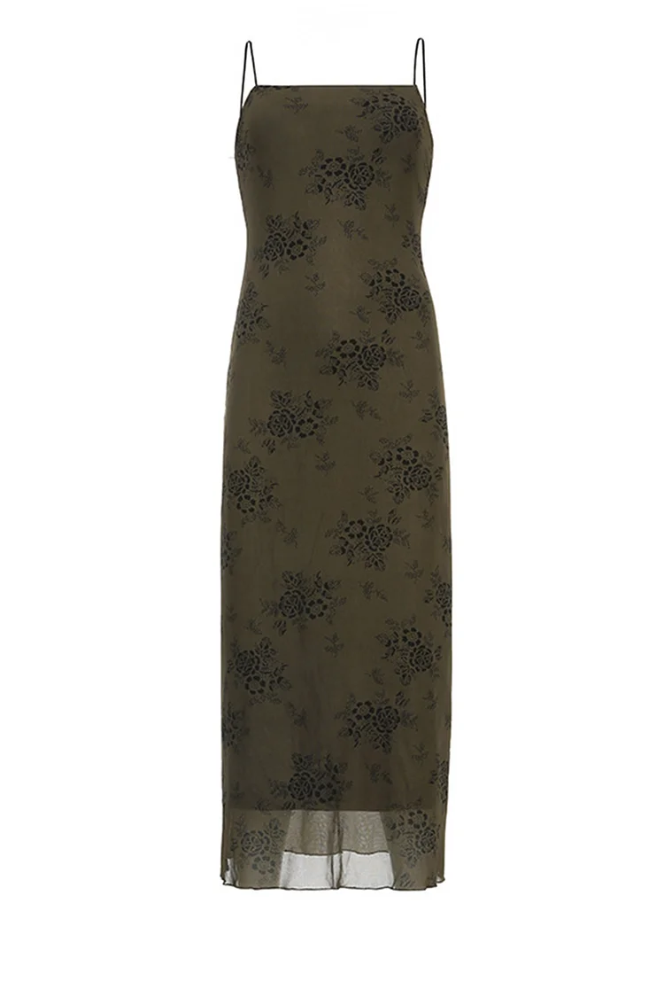 Gothic Black Casual Floral Print Fitted Bodice Cami Midi Dress