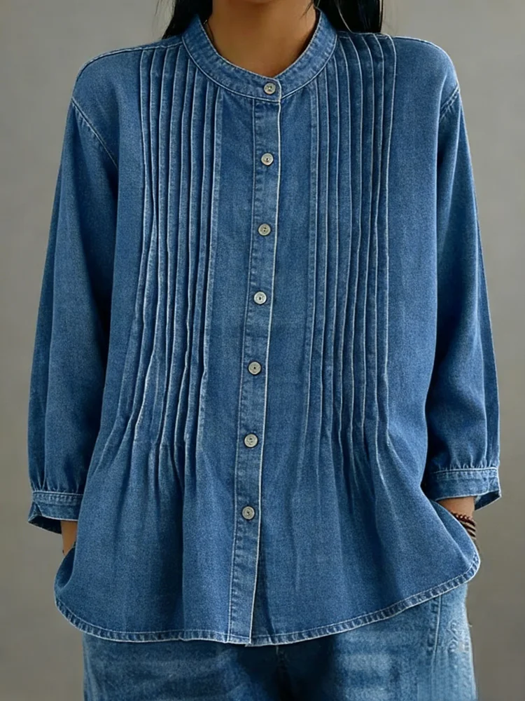 Women's Casual Denim Pleated Shirt socialshop