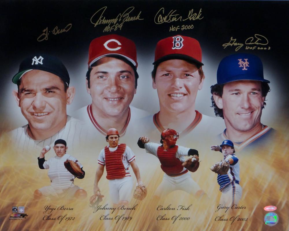 Berra, Bench, Fisk & Carter Autographed HOF Catchers 16x20 Photo Poster painting Steiner Aut