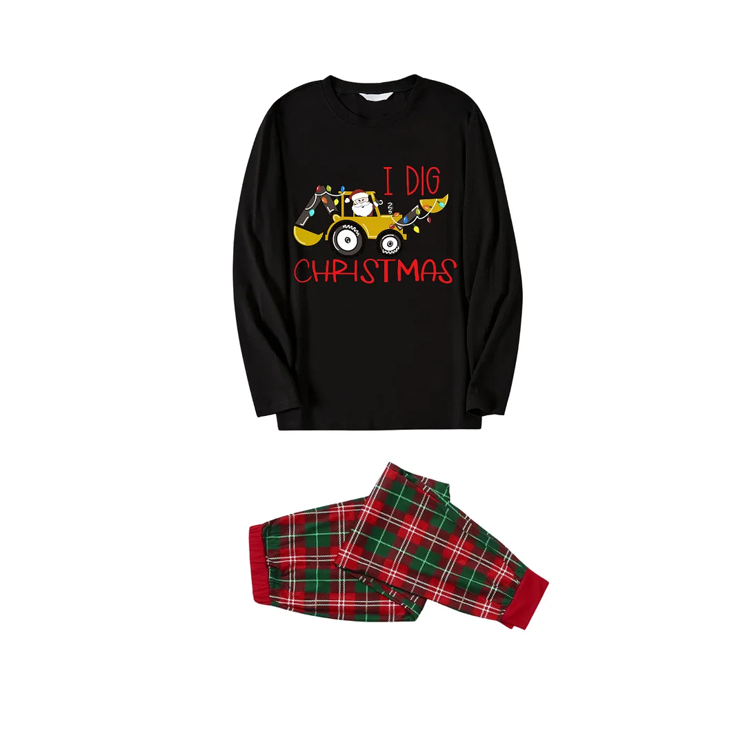 I DIG CHIRSTMAS Text Pattern Black Top Red and Green Plaid Family Matching Pajamas