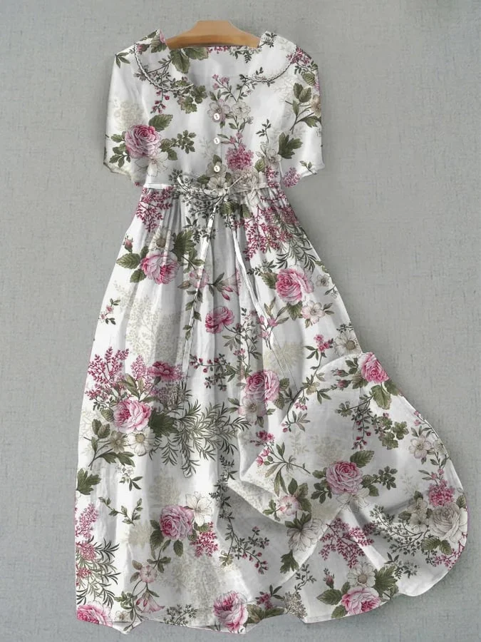 Women's Vintage Botanical Floral Design Print Doll Neck Lace Up Dress