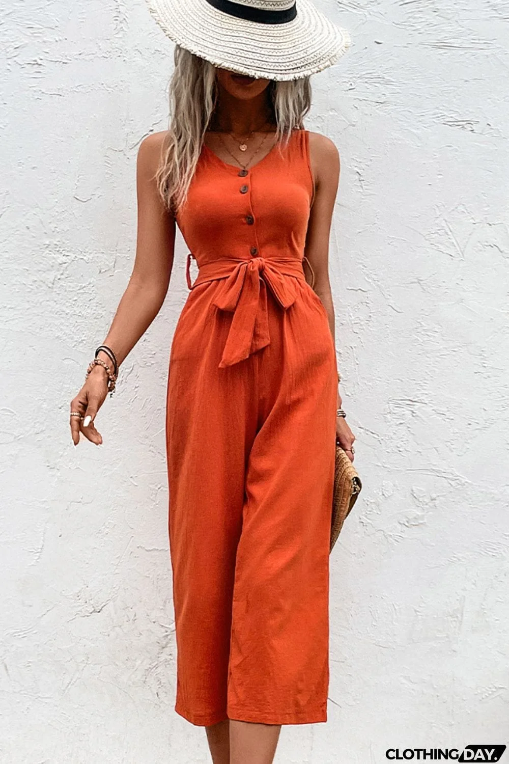Tie Belt Sleeveless Jumpsuit with Pockets