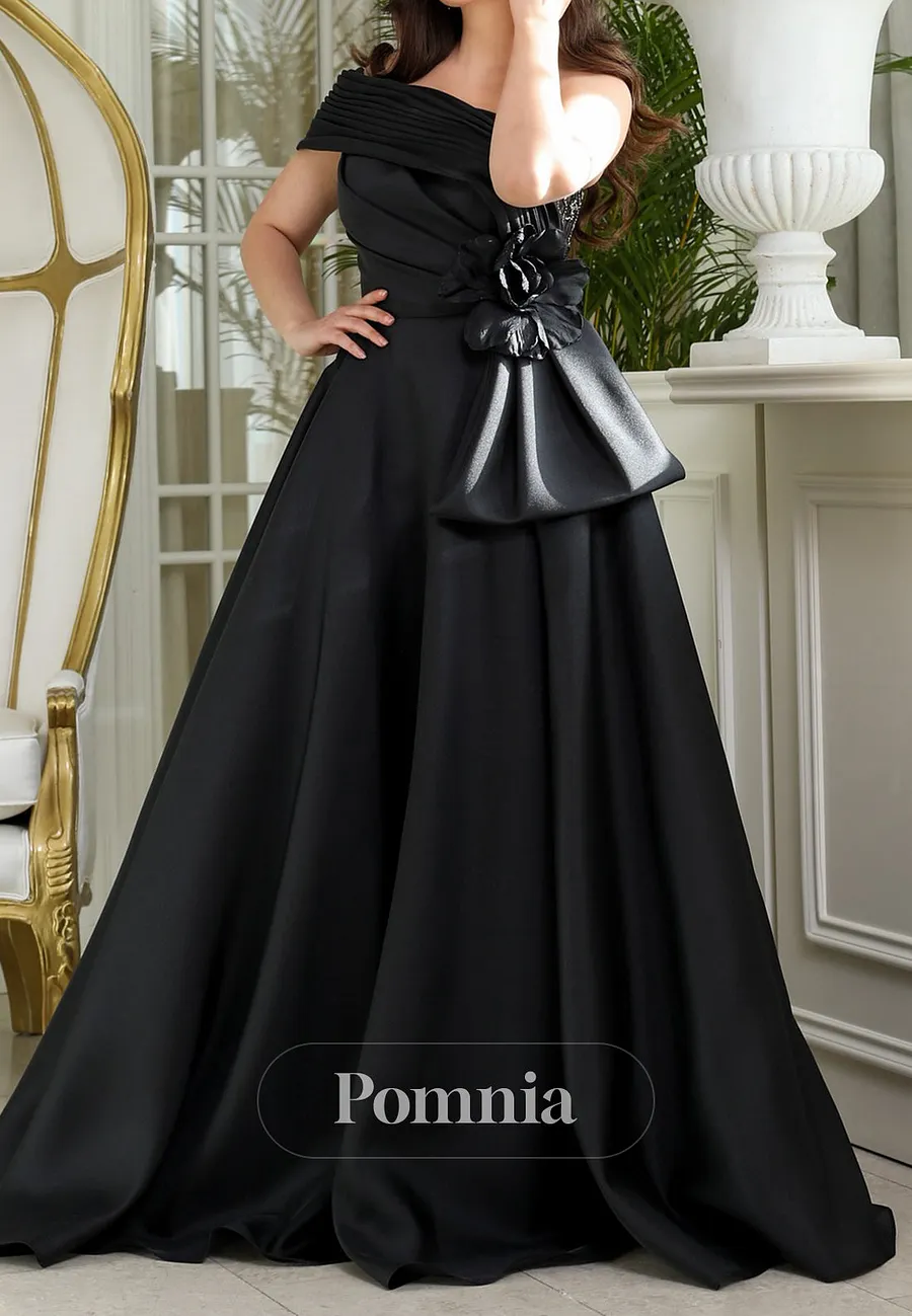 Black One Shoulder A-Line Empire-Waist Ruched Evening Dress