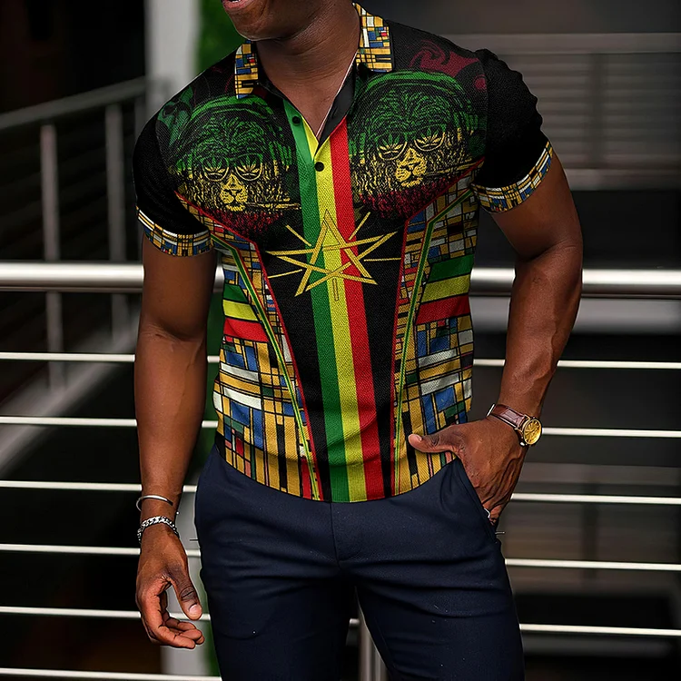 BrosWear Trendy African Ethnic Print Reggae Lion Polo Shirt