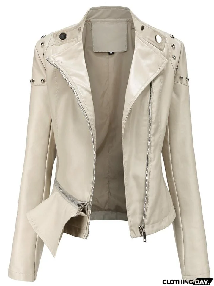 Women's Fashion Solid Color Stand Collar PU Jackets