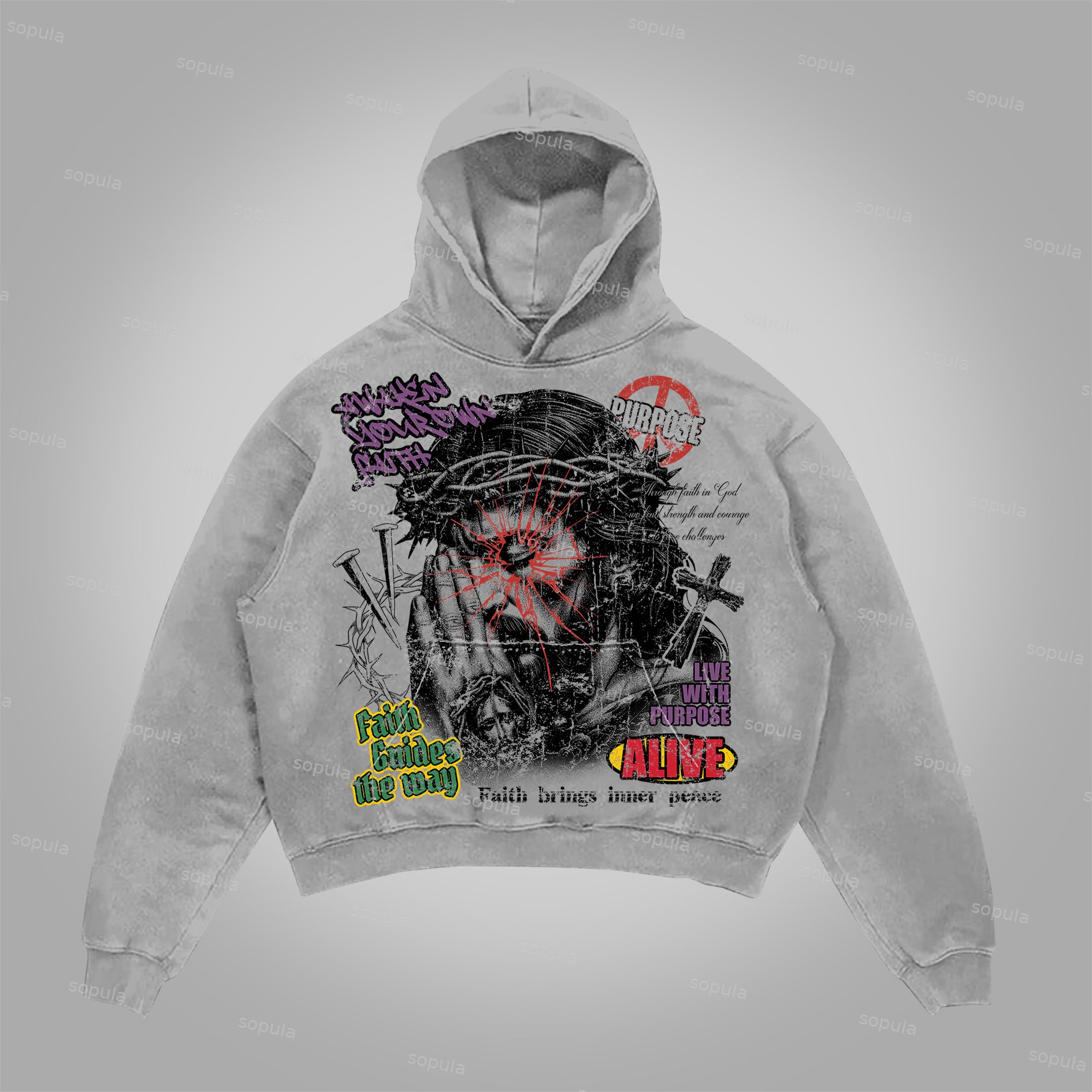 Sopula Pray For Jesus The Meaning Of Life Vintage Graphics Cotton Pocket Hoodie - Sopula｜Premium Graphic Tees & Graphic Clothing