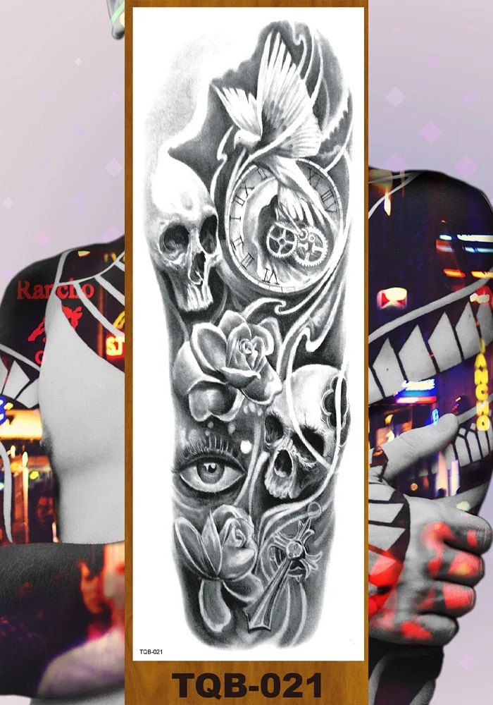 Full Flower Arm Temporary Tattoo Sticker Man Woman Body Leg Fake Tatoo Skull Night Demon Grim Reaper Good and Evil Waterproof