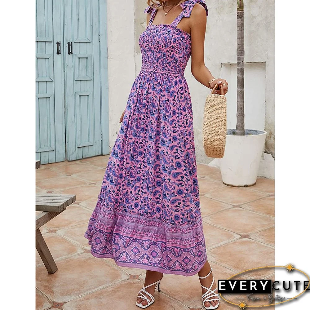 Purple Smocked Floral Print Boho Maxi Dress