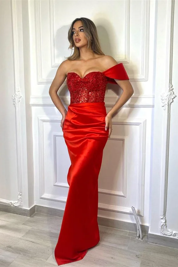 Luluslly Red Off-the-Shoulder Prom Dress Mermaid Slit With Sequins Beads