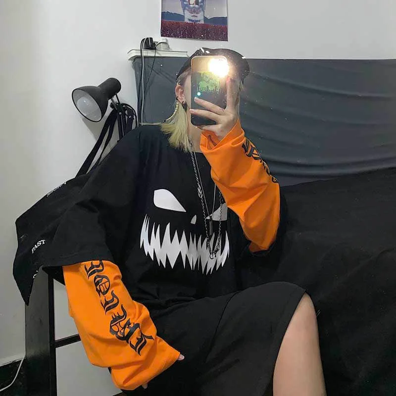 NiceMix Harajuku Streetwear Vintage White T Shirt Women Gothic Tops Kawaii Cartoon Funny Anime Printed Teen Girl Long Sleeve Tee