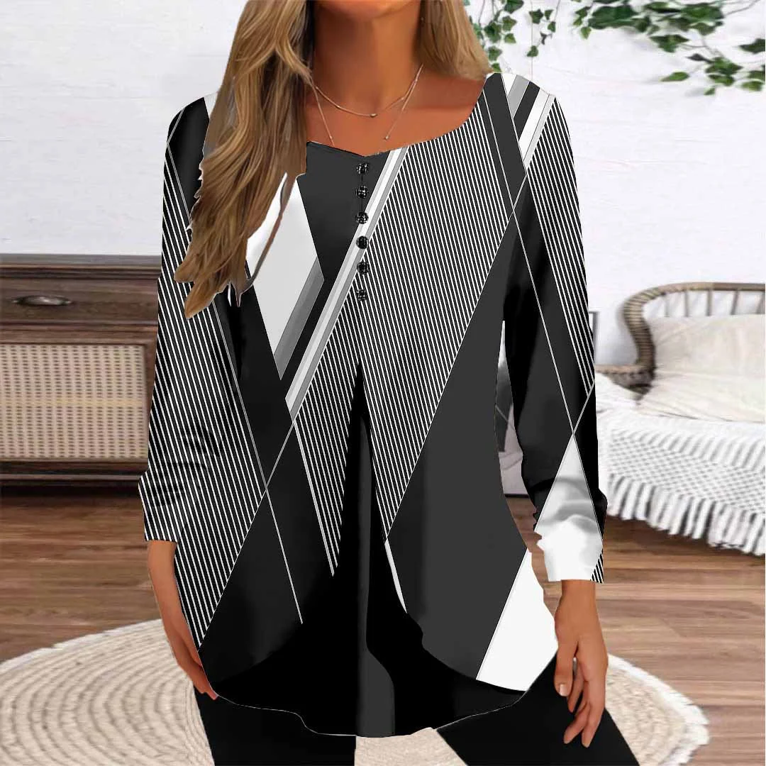 Women Plaid,Black DZGG8332 Long Sleeve Scoop Neck Printed Graphic Button Fake 2in1 Tops