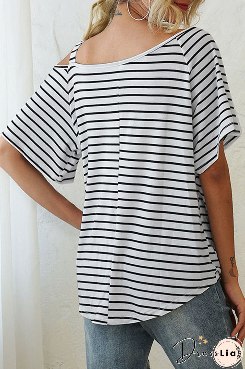 Fashion Street Striped Oblique Collar T-Shirts
