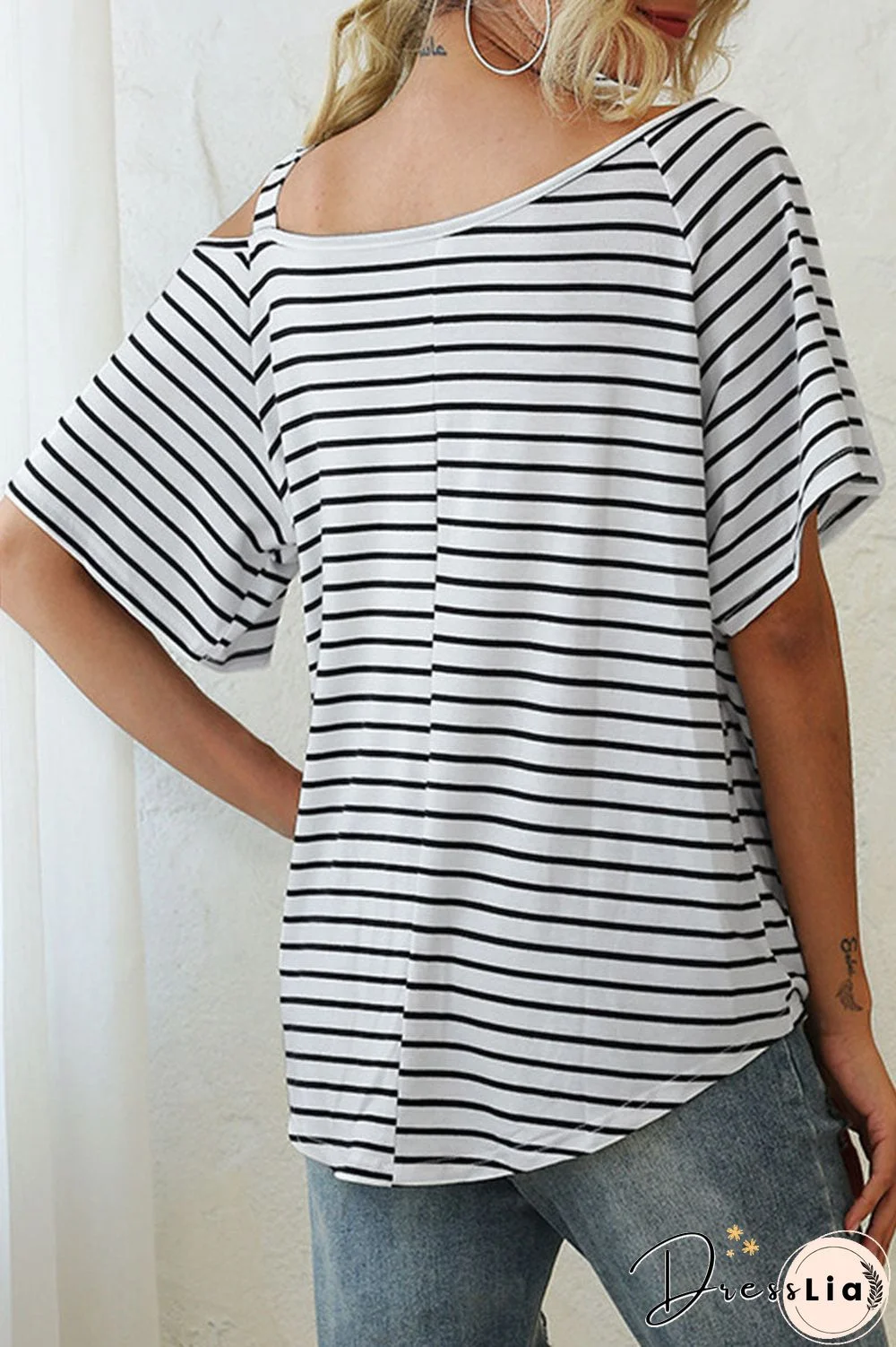 Fashion Street Striped Oblique Collar T-Shirts