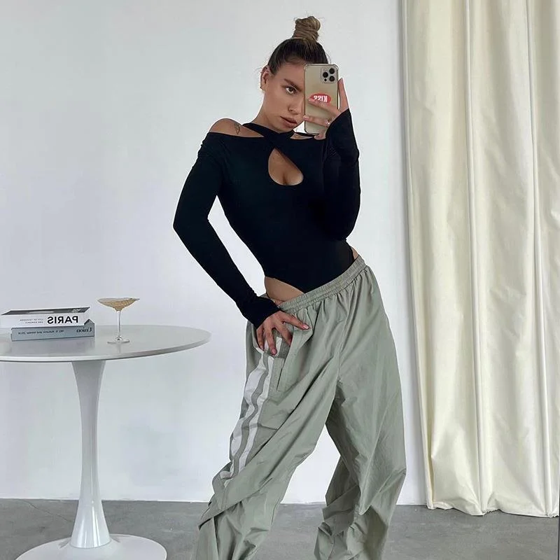 Uveng Uveng New Fashion Show Chest Hollow Out Hanging Neck Money, Sexy Slim Foundation Cross Long Sleeve Jumpsuit