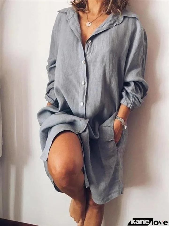 Casual Button Up Long Sleeve Midi Length Linen Shirt