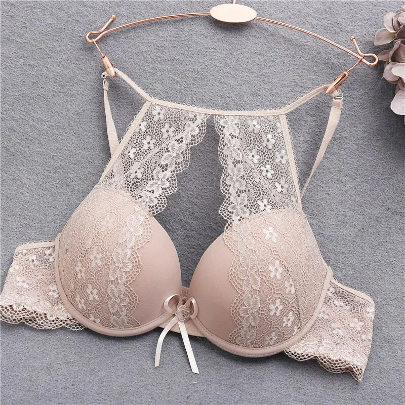 FINETOO Hollow Sexy Bras For Women B C Cup Lace Bra Fashion Push Up Bra Floral Underwear Lace Unlined Brassiere Female Lingerie